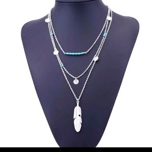 Boho 3 Layer Feather Necklace, Silver Color